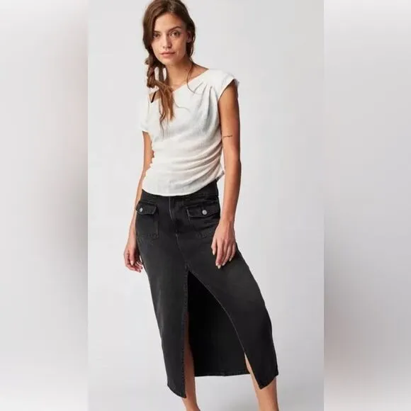 NWOT We The Free × Free People Madison Denim Midi Skirt In Black Size 25