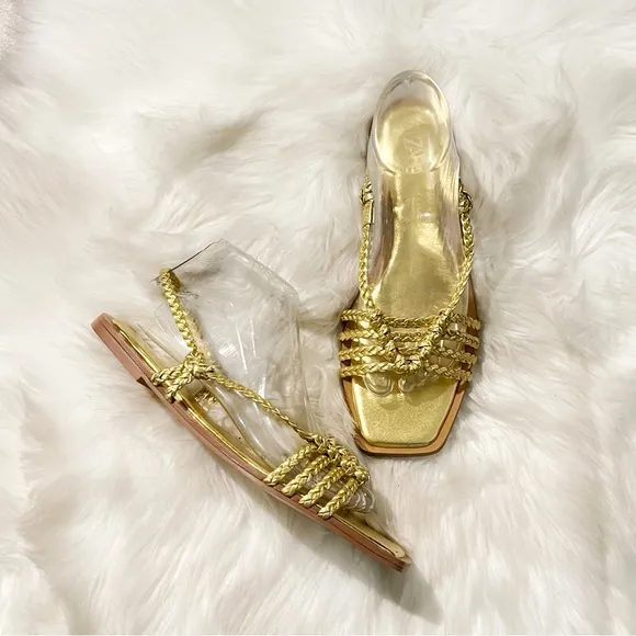 NWOT ZARA Woven Gold Slingback Sandals