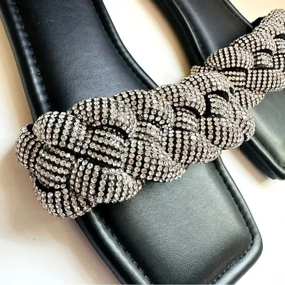NWOT Simmi London Pearl Black Woven Diamante Strap Flat Sandals