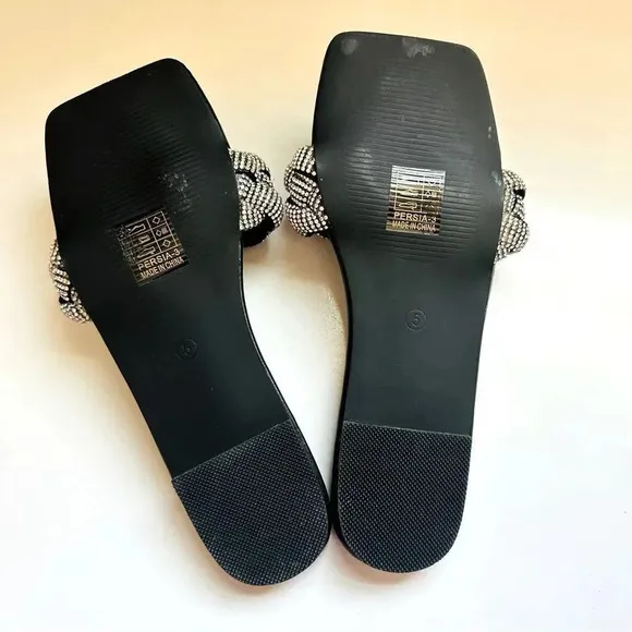 NWOT Simmi London Pearl Black Woven Diamante Strap Flat Sandals