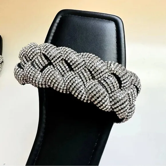 NWOT Simmi London Pearl Black Woven Diamante Strap Flat Sandals