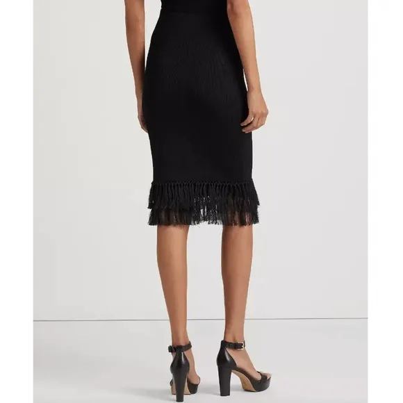 NWT $225 Lauren Ralph Lauren Rib-Knit Pencil Skirt with Fringe-Trim Black Small