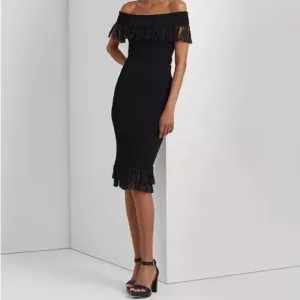 NWT $225 Lauren Ralph Lauren Rib-Knit Pencil Skirt with Fringe-Trim Black Small