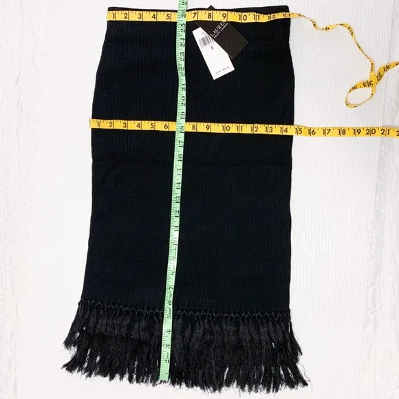 NWT $225 Lauren Ralph Lauren Rib-Knit Pencil Skirt with Fringe-Trim Black Small