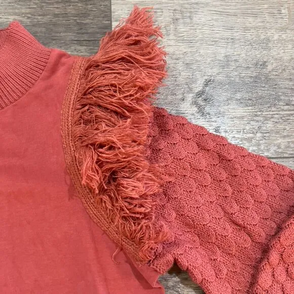 NWT Anthropologie DOLAN Fringed Sweater Bubble Quilted Sleeve Cocoa Women's XS