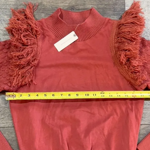 NWT Anthropologie DOLAN Fringed Sweater Bubble Quilted Sleeve Cocoa Women's XS
