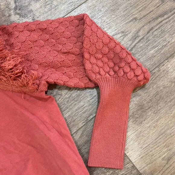 NWT Anthropologie DOLAN Fringed Sweater Bubble Quilted Sleeve Cocoa Women's XS