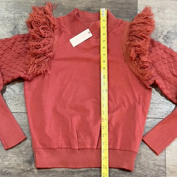 NWT Anthropologie DOLAN Fringed Sweater Bubble Quilted Sleeve Cocoa Women's XS