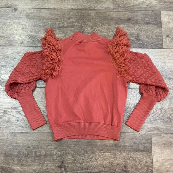 NWT Anthropologie DOLAN Fringed Sweater Bubble Quilted Sleeve Cocoa Women's XS