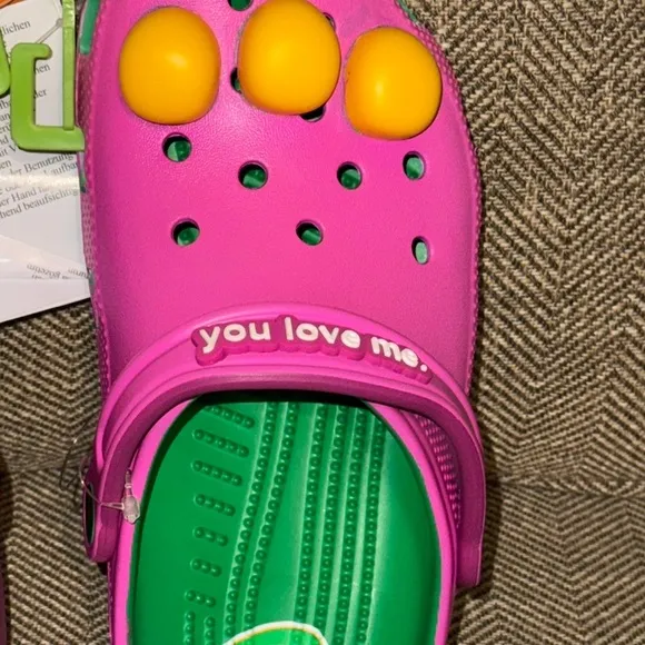 NWT Barney Crocs Classic Mattel Kids Purple and Green Clogs Shoes Size 3