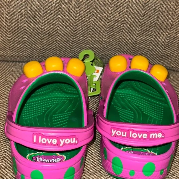 NWT Barney Crocs Classic Mattel Kids Purple and Green Clogs Shoes Size 3