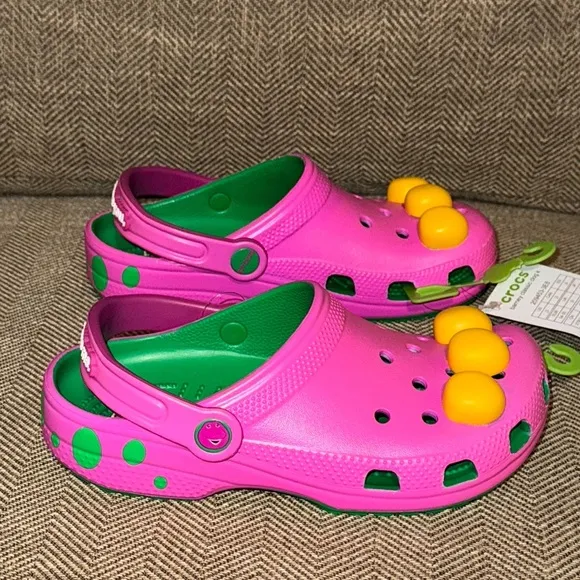 NWT Barney Crocs Classic Mattel Kids Purple and Green Clogs Shoes Size 3