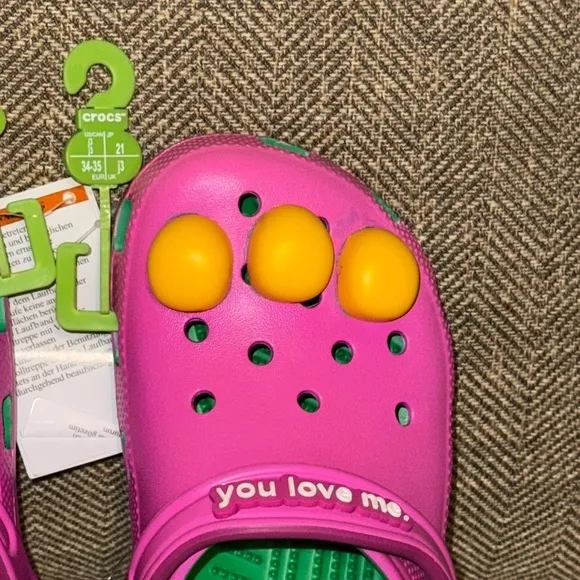 NWT Barney Crocs Classic Mattel Kids Purple and Green Clogs Shoes Size 3