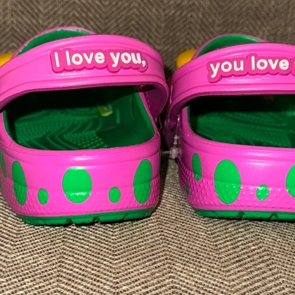 NWT Barney Crocs Classic Mattel Kids Purple and Green Clogs Shoes Size 3