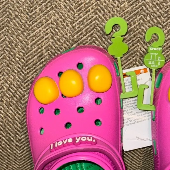NWT Barney Crocs Classic Mattel Kids Purple and Green Clogs Shoes Size 3
