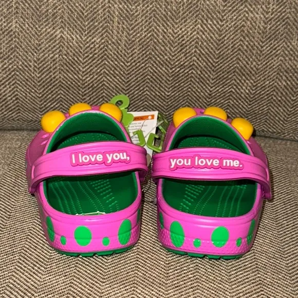 NWT Barney Crocs Classic Mattel Kids Purple and Green Clogs Shoes Size 3