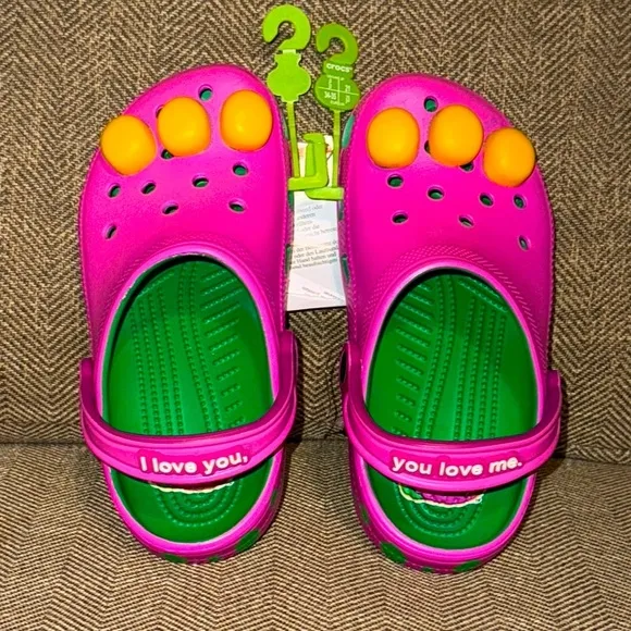 NWT Barney Crocs Classic Mattel Kids Purple and Green Clogs Shoes Size 3