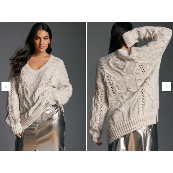 NWT! By Anthropologie V-Neck Drama 3D Cable Knit Tunic Sweater Women's Sz Medium