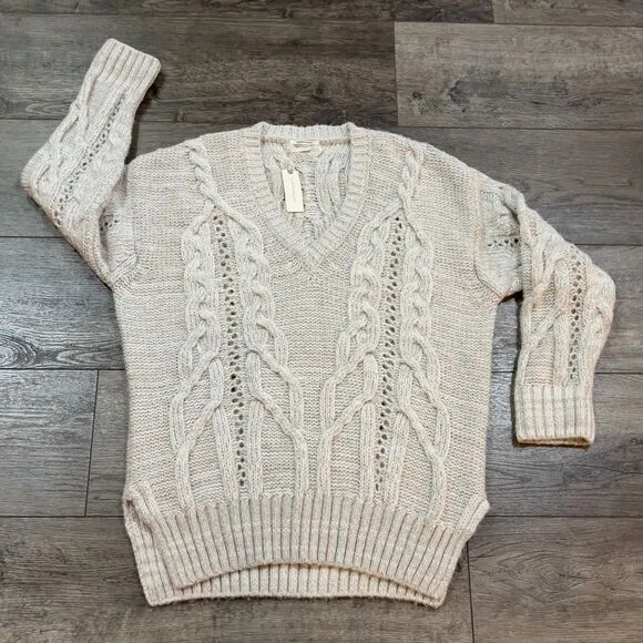 NWT! By Anthropologie V-Neck Drama 3D Cable Knit Tunic Sweater Women's Sz Medium