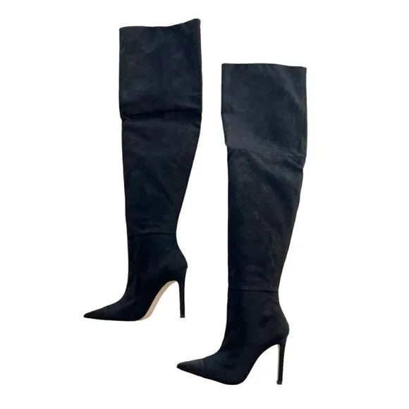 NWT Good American Black Suede Over the Knee Slouch Boots Women's Sz 6