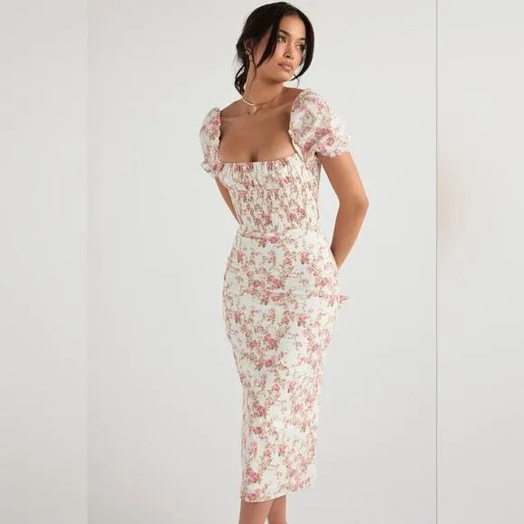 Nwt House of CB‎ Bellucci Rose Floral Print Shirred Midi Sundress XL