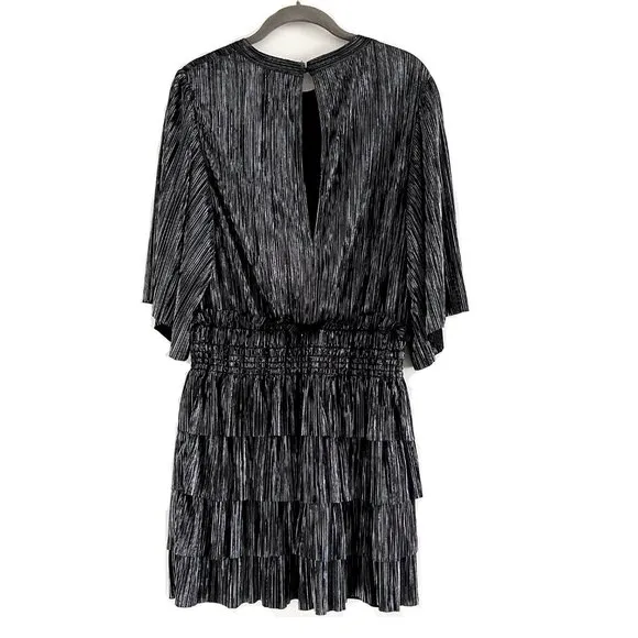 NWT IRO Paris Cuzco Tiered Metallic Plissé-Satin Mini Dress in Black/ Si…