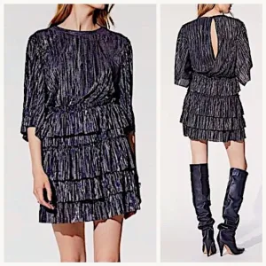 NWT IRO Paris Cuzco Tiered Metallic Plissé-Satin Mini Dress in Black/ Si…