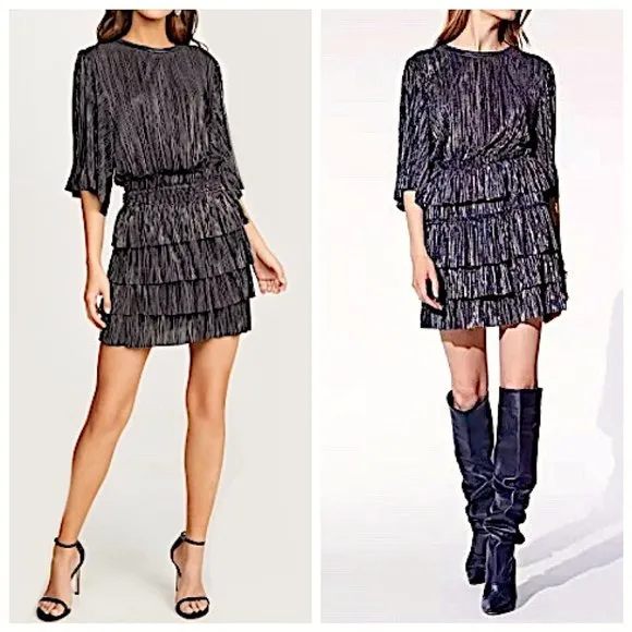 NWT IRO Paris Cuzco Tiered Metallic Plissé-Satin Mini Dress in Black/ Si…