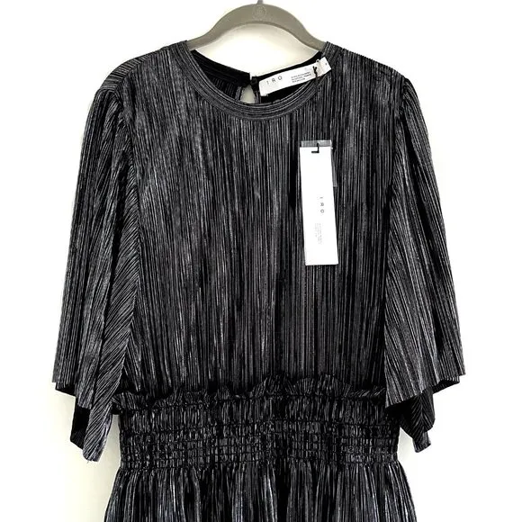 NWT IRO Paris Cuzco Tiered Metallic Plissé-Satin Mini Dress in Black/ Si…
