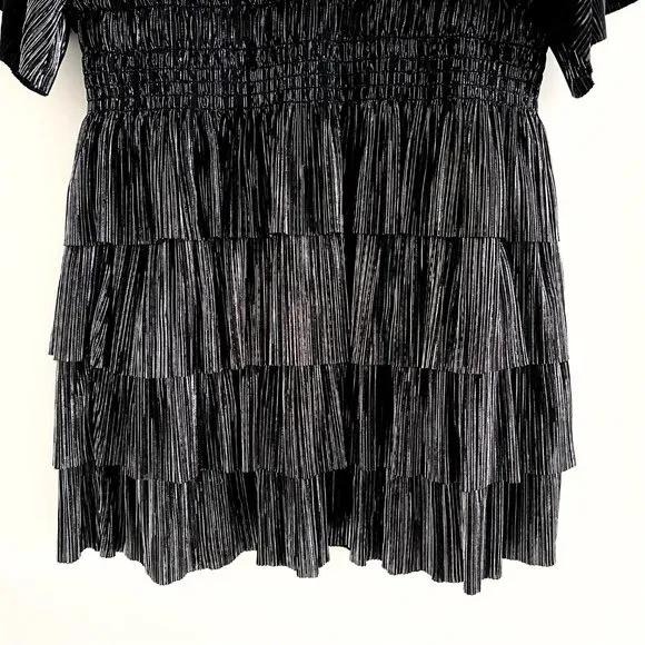 NWT IRO Paris Cuzco Tiered Metallic Plissé-Satin Mini Dress in Black/ Si…