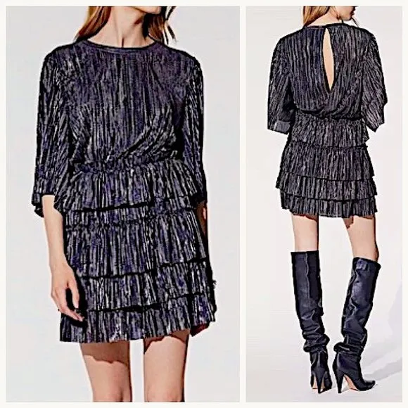 NWT IRO Paris Cuzco Tiered Metallic Plissé-Satin Mini Dress in Black/ Si…