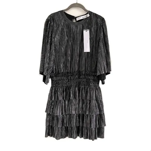 NWT IRO Paris Cuzco Tiered Metallic Plissé-Satin Mini Dress in Black/ Si…