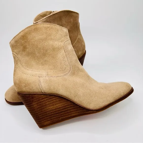 NWT Lucky Brand Waltz Tan Suede Leather Side Zip Western Wedge Ankle Boots