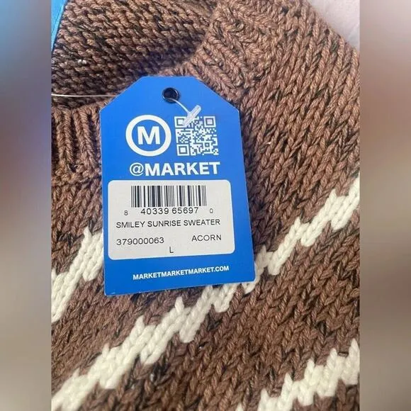 NWT Market Studios Sunrise Sweater Crew Neck Smiley Brown Unisex Mens Size Large
