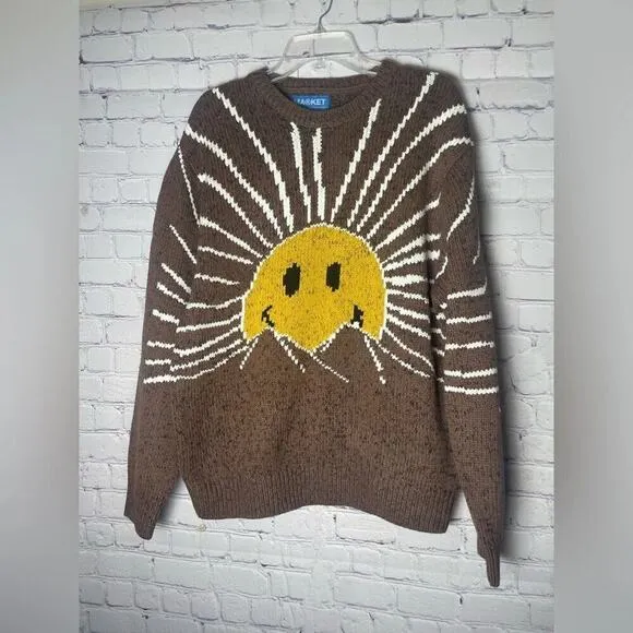 NWT Market Studios Sunrise Sweater Crew Neck Smiley Brown Unisex Mens Size Large