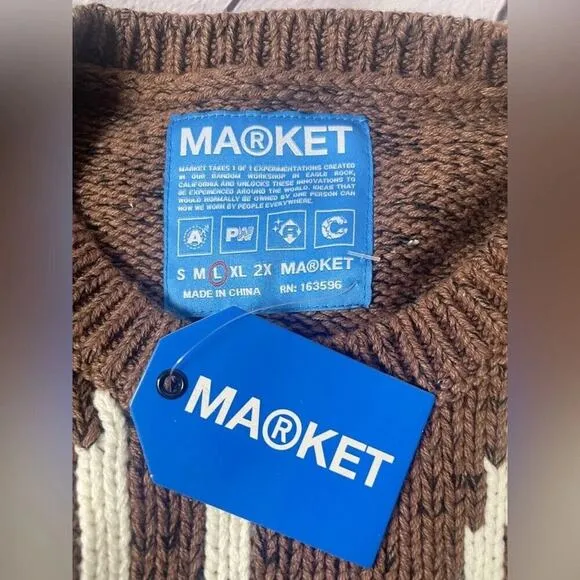 NWT Market Studios Sunrise Sweater Crew Neck Smiley Brown Unisex Mens Size Large