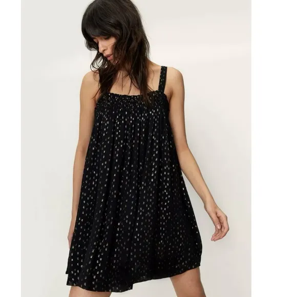 NWT | Nasty Gal | Black &amp; Gold Spot Strappy Smock Mini Dress | Size XS