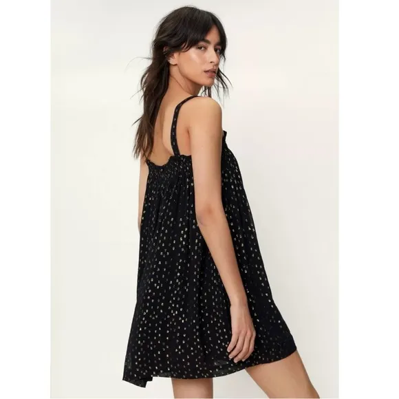 NWT | Nasty Gal | Black &amp; Gold Spot Strappy Smock Mini Dress | Size XS