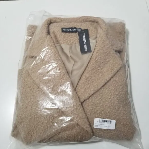 NWT PRETTYLITTLETHING BOUCLE LONGLINE OVERSIZED CURVED HEM BLAZER Size US 4 Colo