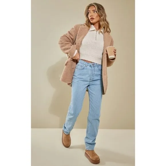 NWT PRETTYLITTLETHING BOUCLE LONGLINE OVERSIZED CURVED HEM BLAZER Size US 4 Colo