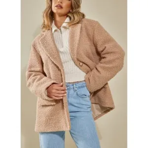 NWT PRETTYLITTLETHING BOUCLE LONGLINE OVERSIZED CURVED HEM BLAZER Size US 4 Colo