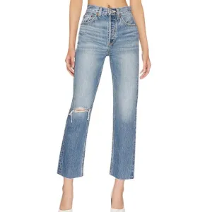 NWT RE/DONE 70s Ultra High Rise Stove Pipe Jeans Worn Crystal Blue Size 25