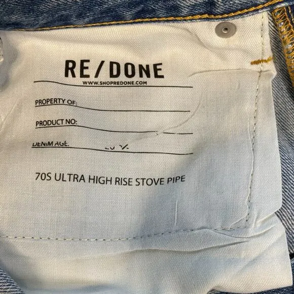 NWT RE/DONE 70s Ultra High Rise Stove Pipe Jeans Worn Crystal Blue Size 25