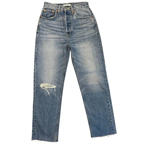NWT RE/DONE 70s Ultra High Rise Stove Pipe Jeans Worn Crystal Blue Size 25