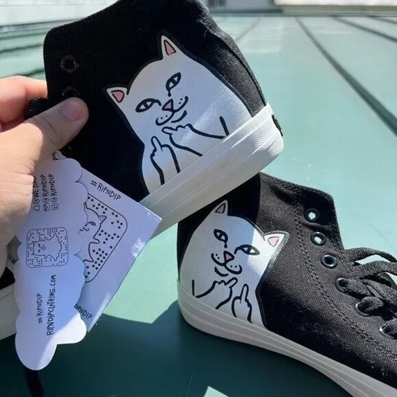 NWT Ripndip black and white lace up ankle high shoes w/ cat flipping off detail