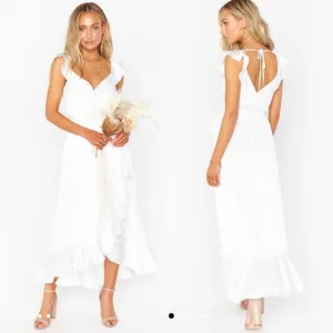 NWT Show Me Your Mumu Small Samantha Ruffle Wrap Dress Ivory Satin $198