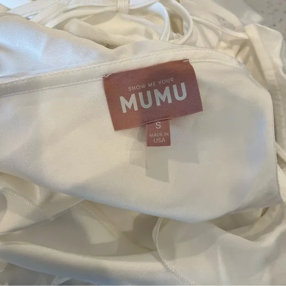 NWT Show Me Your Mumu Small Samantha Ruffle Wrap Dress Ivory Satin $198