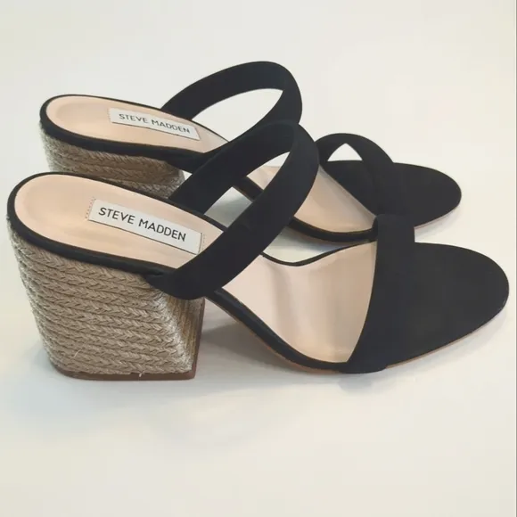 NWT Steve Madden Marcella Leather Suede Woven Block Heel Sandals Size 10 Black