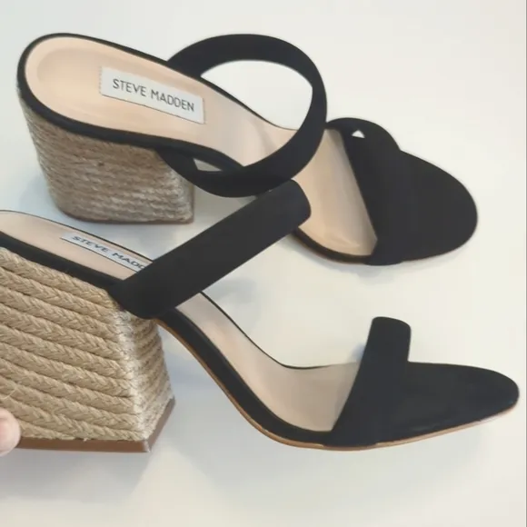 NWT Steve Madden Marcella Leather Suede Woven Block Heel Sandals Size 10 Black