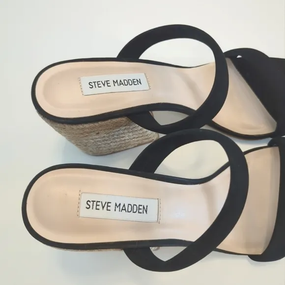 NWT Steve Madden Marcella Leather Suede Woven Block Heel Sandals Size 10 Black